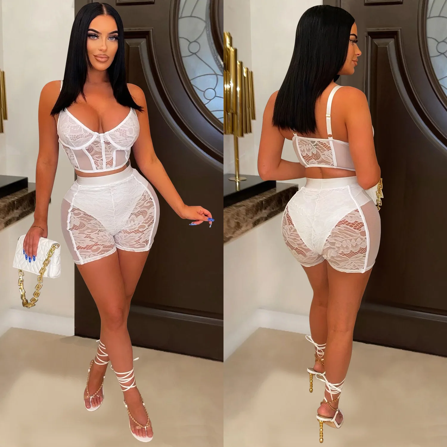 

Sexy Lace Patchwork Slim Fit Two Piece Set Women Solid V Neck Spaghetti Straps Sleeveless Crop Tops Elastic High Waist Shorts