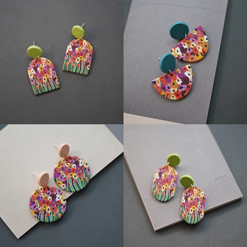 

Impression Rainbow Garden Multi Shapes Bright Deep Colors Art Abstract Handmade Polymer Clay Statement Earrings Sets For Woman