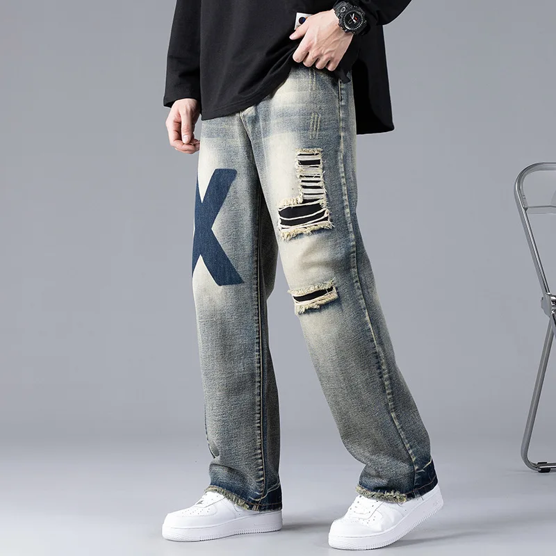 New Style Printed Embroidered Four Seasons Jeans Men's Wide Leg Pants With Holes Fashion Patch Men Loose Large Straight Pants