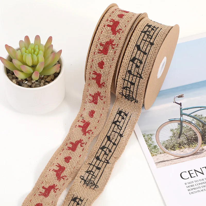 

2 Yards Craft Webbing Natural burlap Deer Musical Note Printed Ribbon For DIY Headwear Christmas Festive Event Decoration Gift