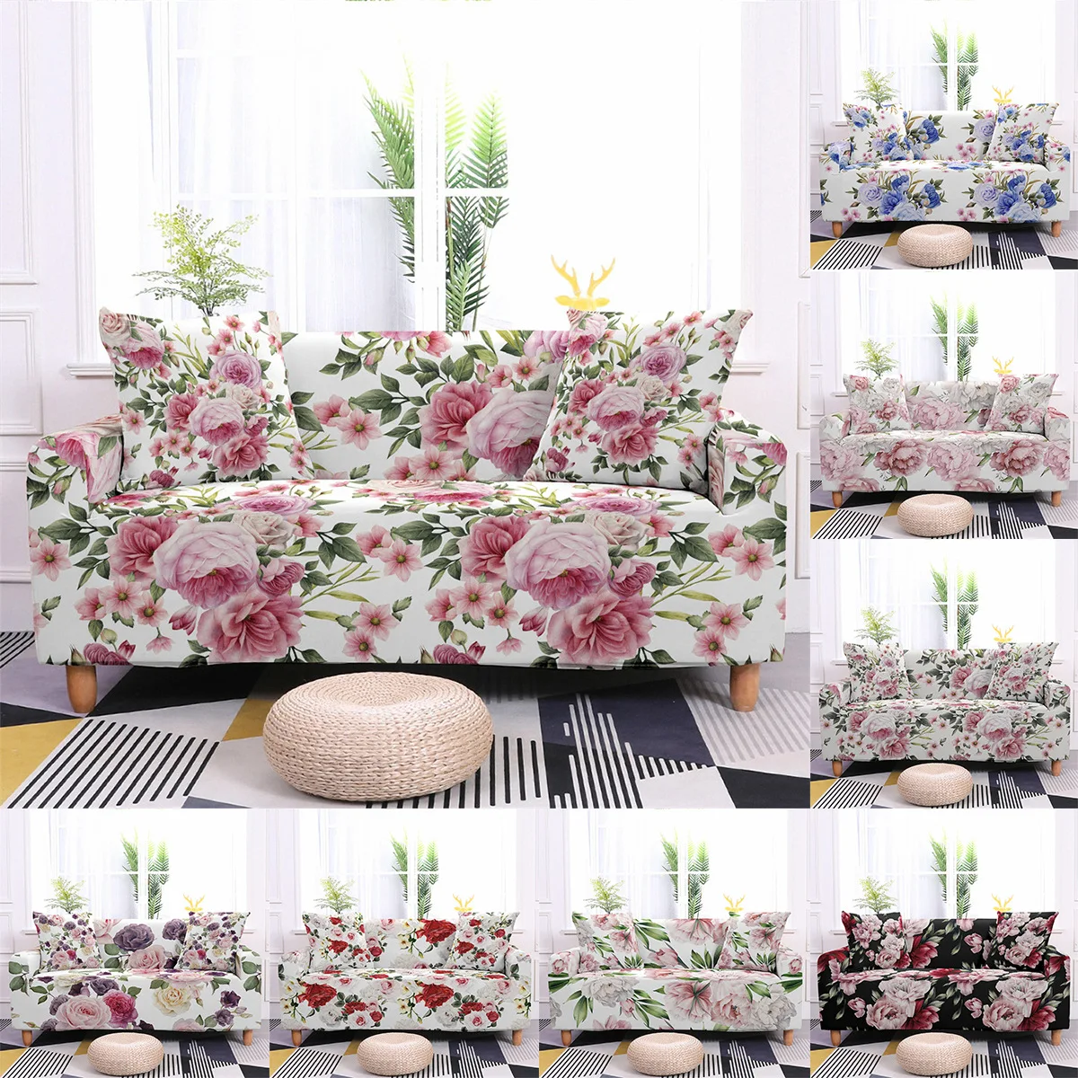 

Elastic Sofa Cover for Living Room Xmas Flowers Stretch Couch Cover Non-Slip Loveseat Sofa Slipcover Protector 1/2/3/4 Seaters