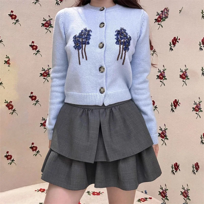 Кардиган женский осень 2024 новая верхняя одежда с цветочной вышивкой топ длинными