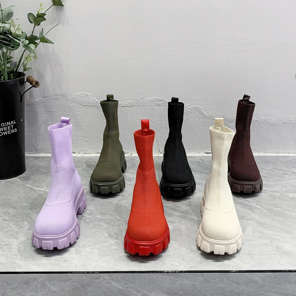 

2022 Autumn Winter Socks Shoes Women Thick-soled Large Size Elastic Knitted Short Platform Ankle Boots Women Botas De Mujer