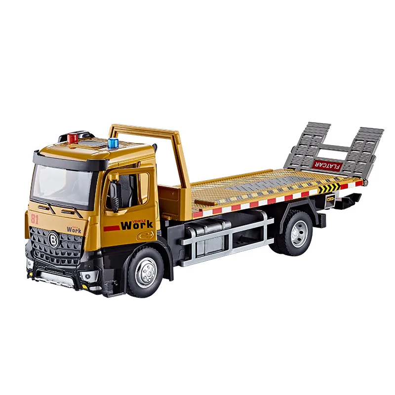 

1:36 Scale City Diecast Transport Flat Trailer Truck With Light Sound Road Rescue Vehicle Metal Model Alloy Toy For Gifts
