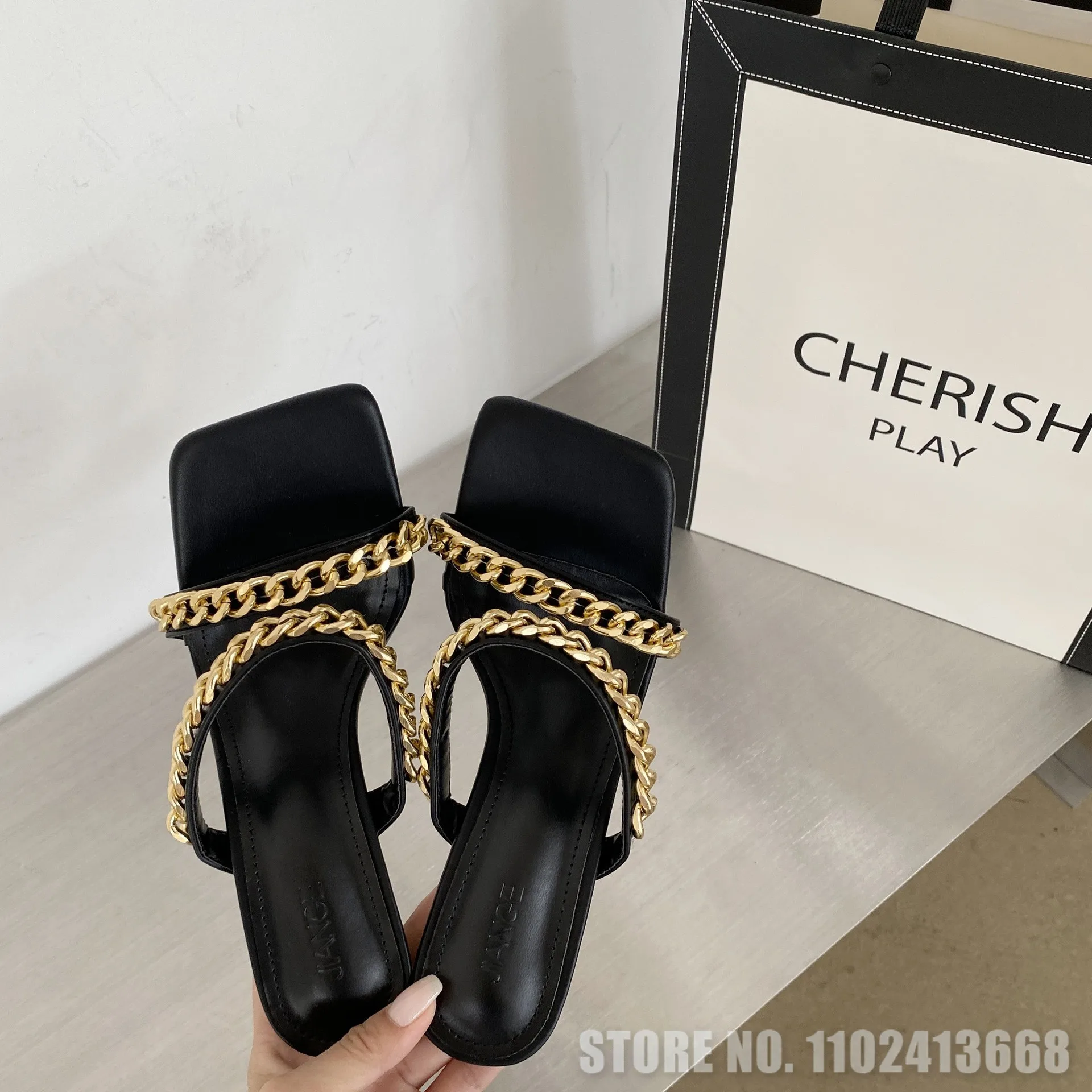 Black Minimalist Chain Narrow Band Slippers Square Toe Stiletto Shoes High Heel Party Fashion Soild Color Pumps Casual Slipper