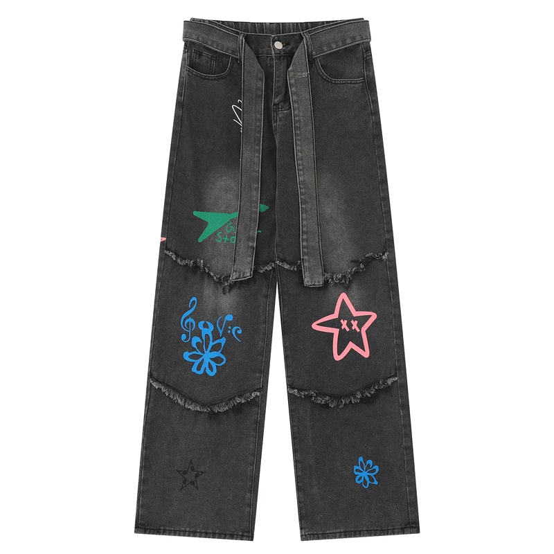 Fashion Fun Frayed Printed Belt Decorative Washed Jeans Men's American Straight Wide-Leg Pants Streetwear Baggy Denim Trousers