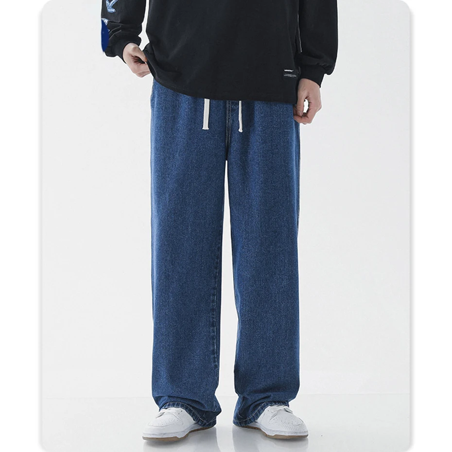 Men's Korean Fashion Loose Jeans Black Blue Casual Denim Pants Elastic Waist Baggy Jeans Pants