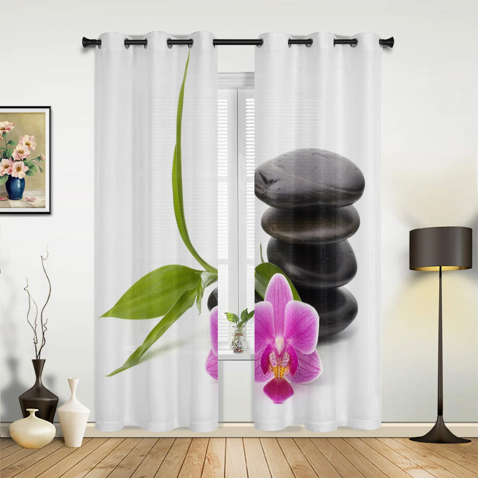 

Orchid Zen Flowers Stones White Curtains for Bedroom Living Room Drapes Kitchen Children's Room Window Curtain Modern Home Decor
