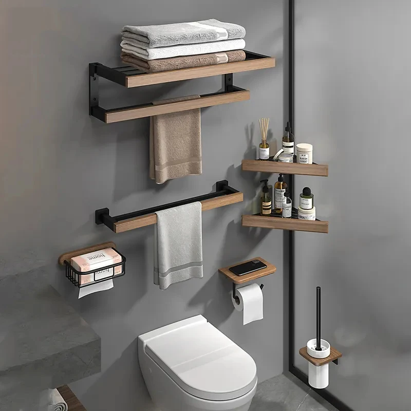 

Bathroom Hardware Black Wood Wall Mounted Towel Rack,Towel Bar,Toilet Brush,Towel Hooks,Paper Holder Bath Accessories