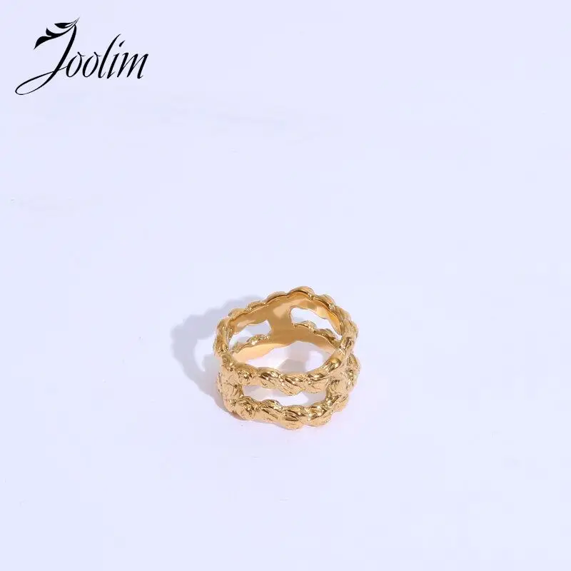 

Joolim Jewelry High End Pvd Wholesale Non Tarnish New Vintage Rough Double Layer Fluid Stainless Steel Finger Ring for Women