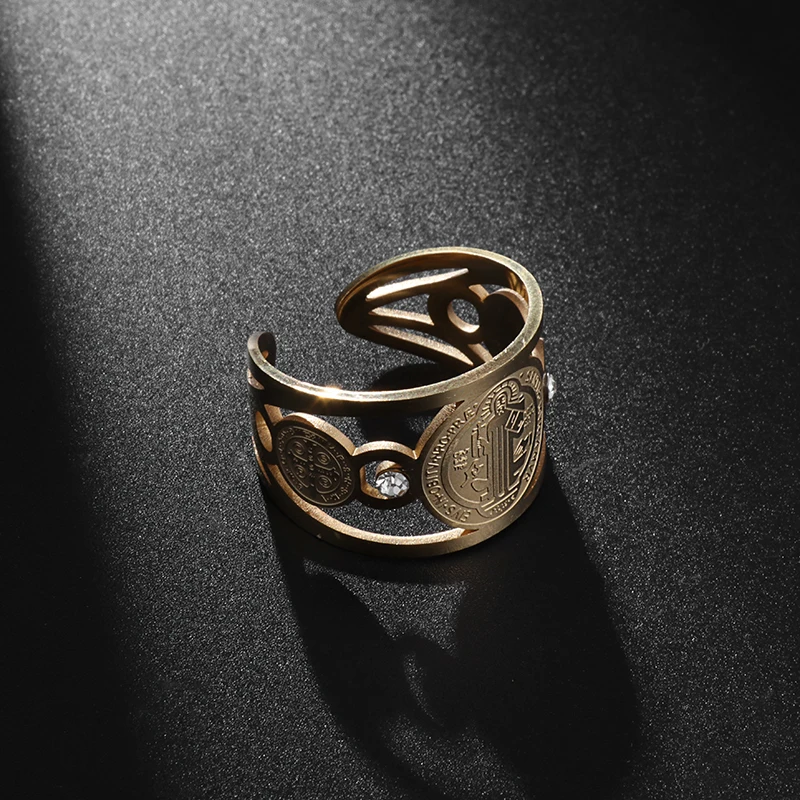 

Stainless Steel Saint Benedict Ring for Men Women Gold Color Adjustable Ring Amulet Birthday Gift