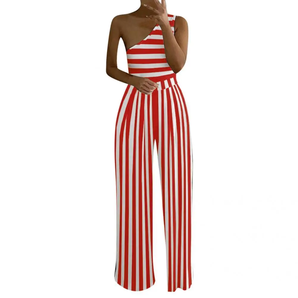 

Temperament Women Jumpsuit Striped Off Shoulder Pants Vertical Stripes Print Single Shoulder Jumpsuit