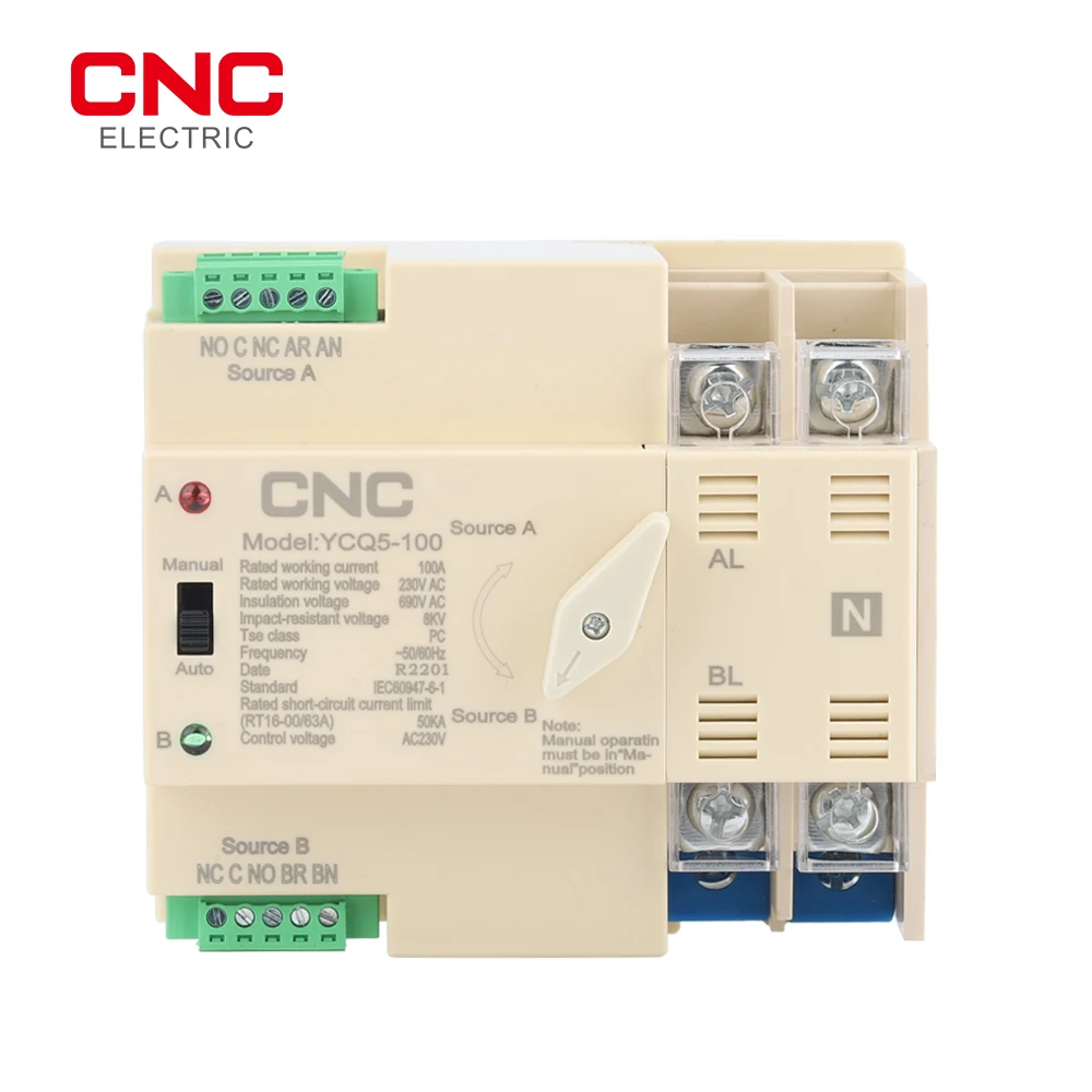 

CNC YCQ5-100 2P Din Rail, солнечная энергия, автоматический переключатель передачи энергии 63A 100A AC220V ATS PV системы питания в город
