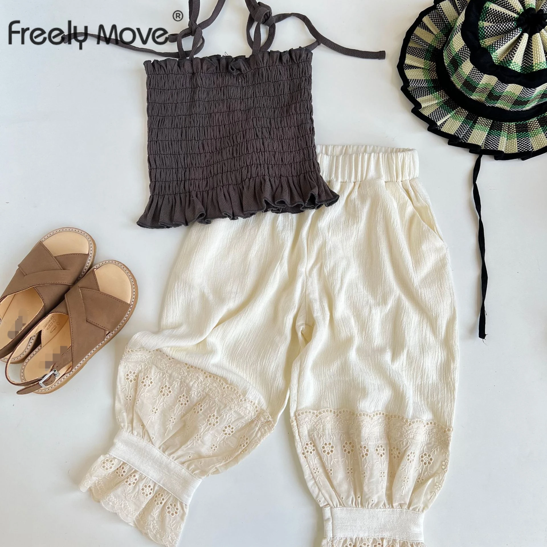 

Freely Move 2022 Summer Girls' Clothing Sets Sweet Pleated Camisole Anti-Mosquito Pants Baby Kids Outfit Children Girls Clothes