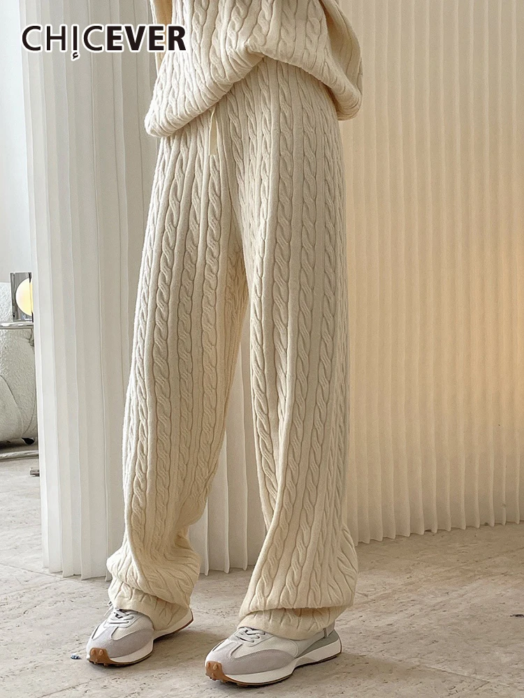 

CHICEVER Solid Knitting Wide Leg Pants For Women High Waist Patchwork Lace Up Korean Casual Loose Pant Female Autumn Clothing