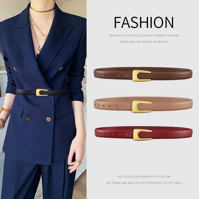 New Fashion Women's Genuine Leather Belts Design Thin Soft Cowhide Belt for Women Punk Silver Buckle Cow Leather Strap for Dress