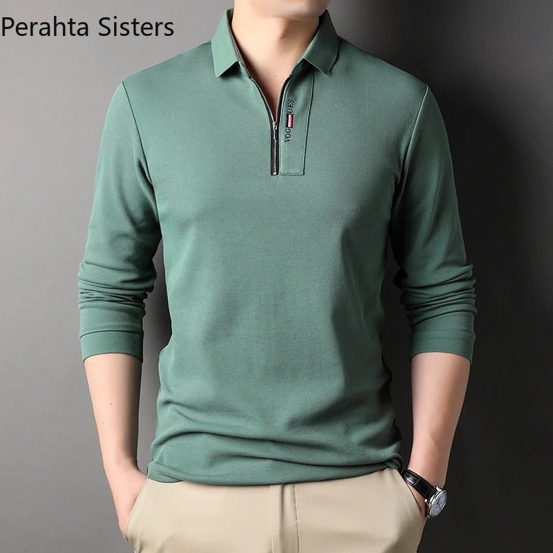 

Brand New Spring Men's Polo Shirt Fashion Pure Cotton Lapel Long Sleeve Bottom Zipper Silm Fit T-shirt Korea Man Clothing 2023
