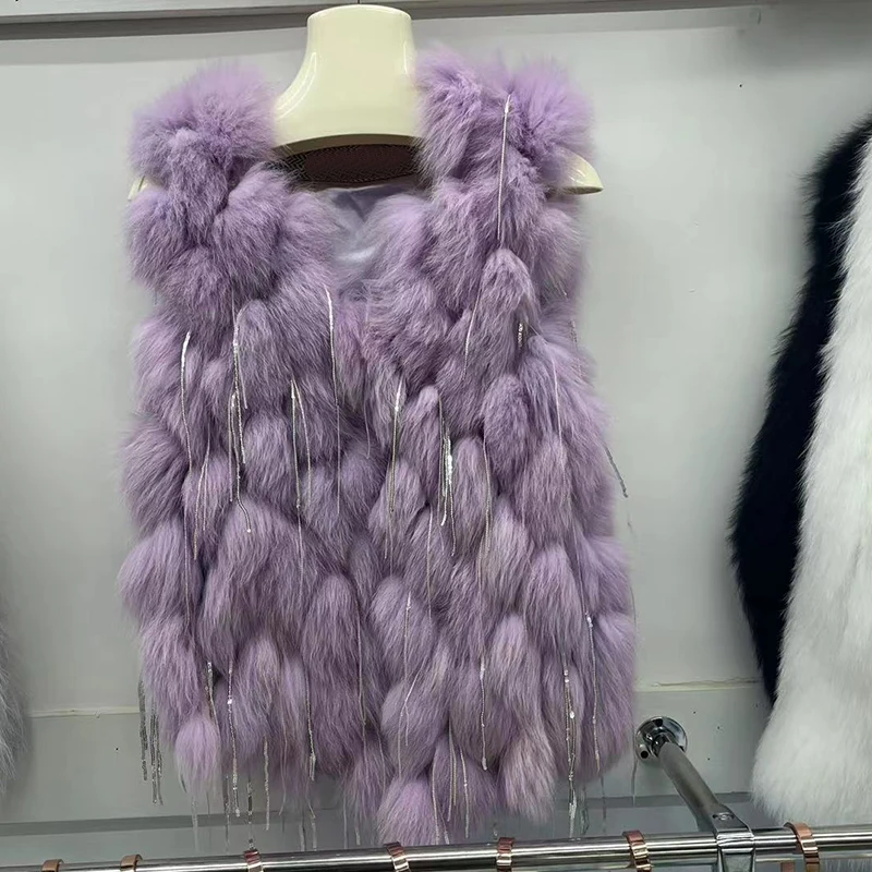 Shiny Sequins Tassel Fur Coat Ladies 2022 Winter Faux Fox Fur Fashion Trendy New Sleeveless Fur Vest Women's Elegant Streetwear