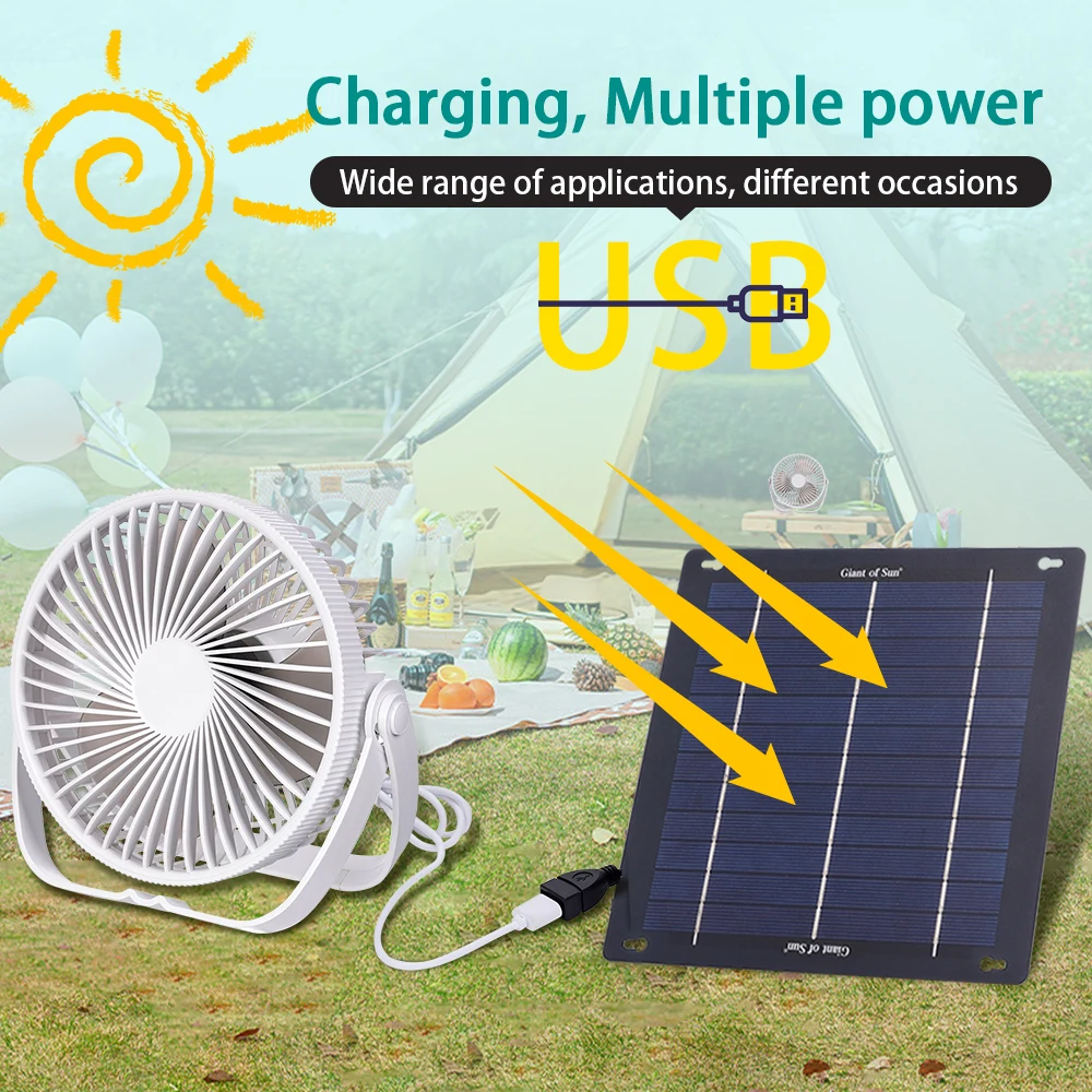 9W Mini USB Fan Ultra-quiet Large Wind Solar Power Rechargeable Fan Portable Car Home Desktop Outdoor Camping Cooling