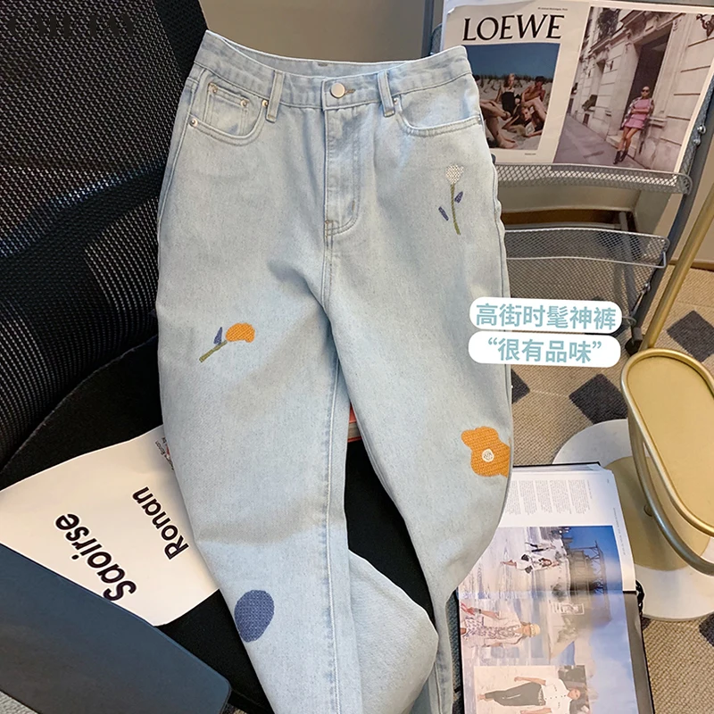 

CMETAY Light Blue Embroidered Flower Jeans Women's High Waist 2022 New Fashion Streetwear Y2K Harajuku Denim Straight Pants