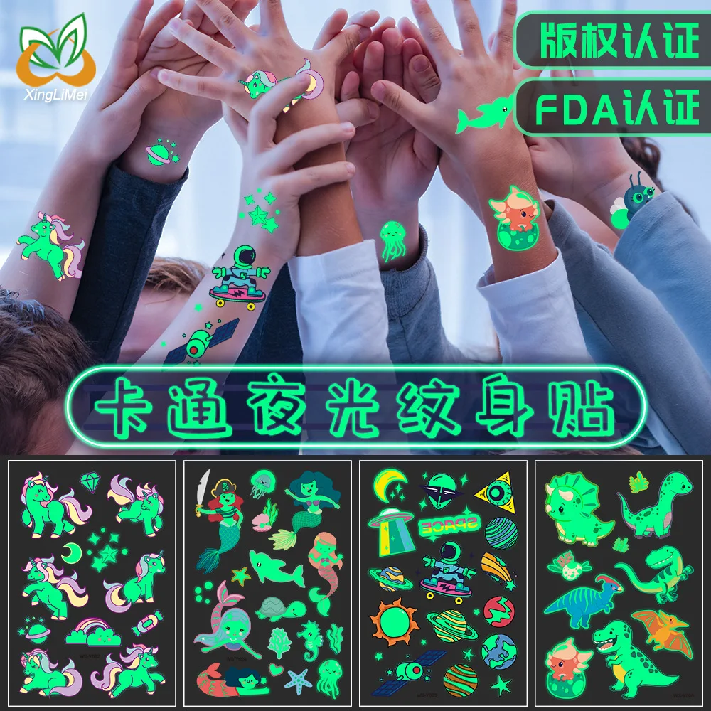 

2PcsLuminous Tattoo Sticker Children Arm Face Glowing Tattoo Children Body Art Tattoo Dinosaur Pirate Unicorn Tattoo Cartoon