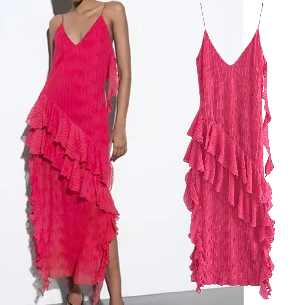 

Jenny&Dave Casual Vacation Summer Texture Laminated Dress Female French Retro Rose Red Sexy Backless Sling Dress Women