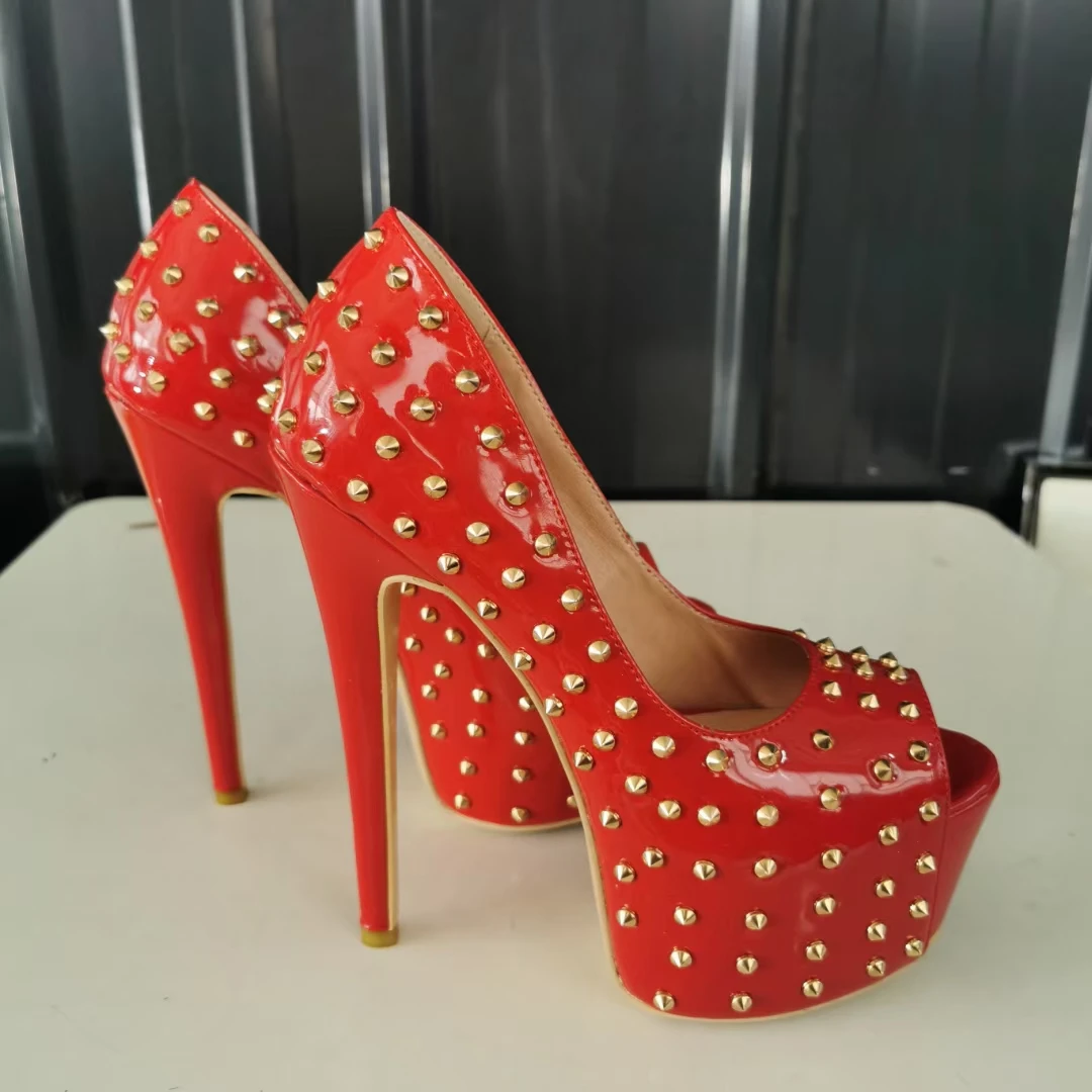 

SHOFOO shoes Fashion shoes. Peep toe pumps About 15 cm high heels Rivet women's shoes Lady shoes Fashion show wedding banquet