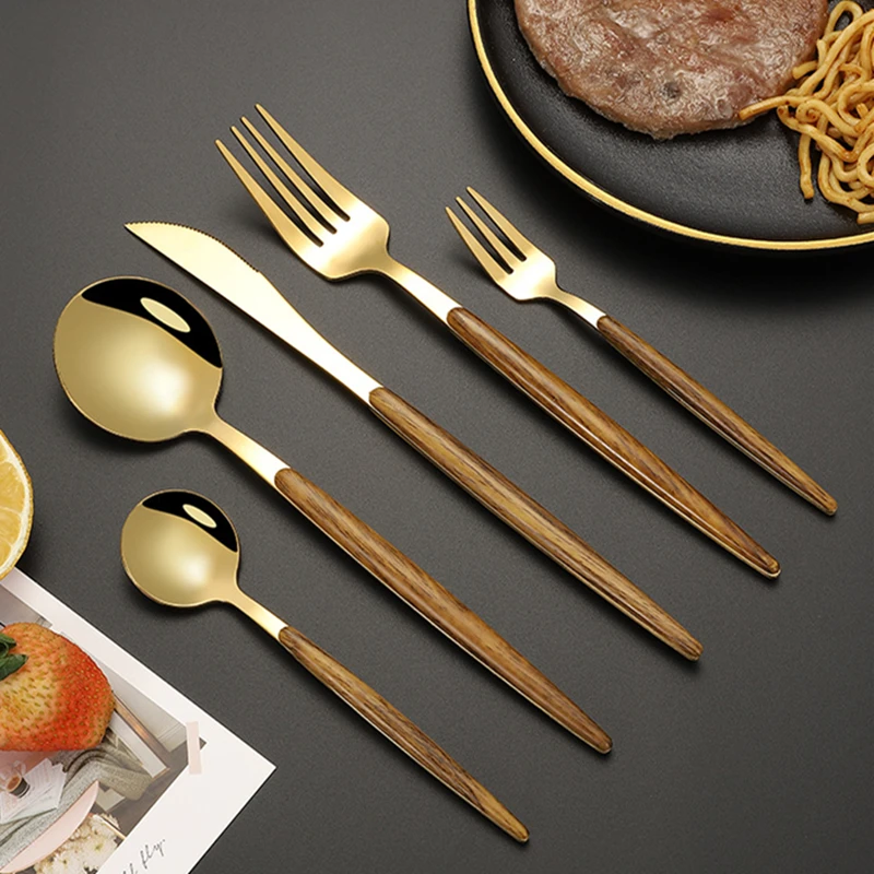 Home Dinnerware Stainless Steel Knife Fork Spoon Mirror Silver Golden Wooden Handle Dishwasher Kitchen Western Flatware