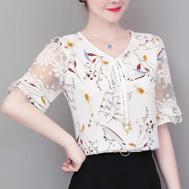 

New Arrive Women Summer Blouse Elegant Fashion Mesh Chiffon Shirt Retro Floral Prin Short Sleeve Bottoming Shirts Blusas Mujer