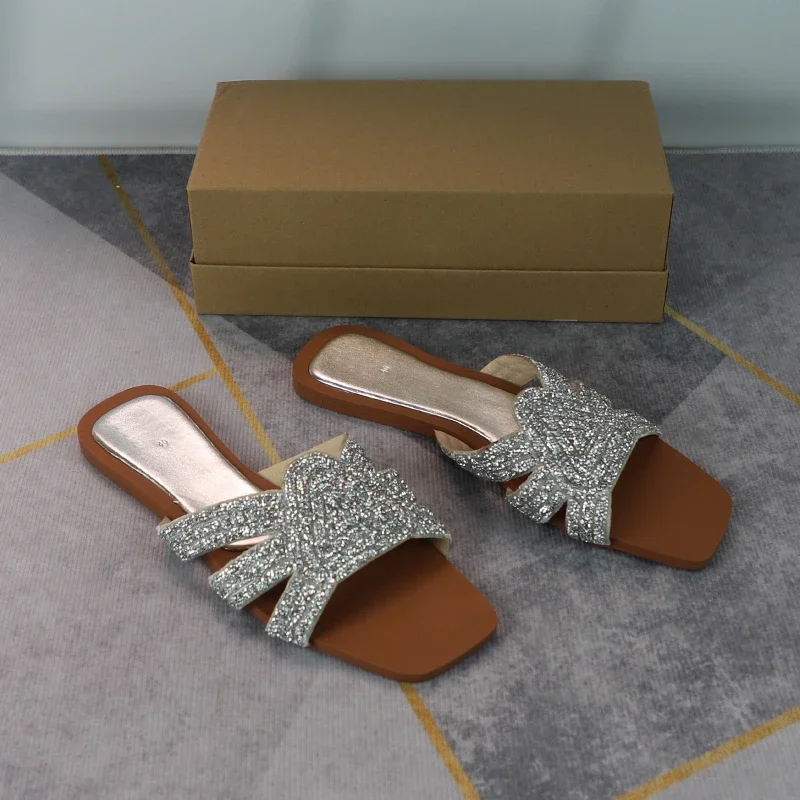 Женские блестящие золотистые сандалии модные шлепанцы на плоской подошве со