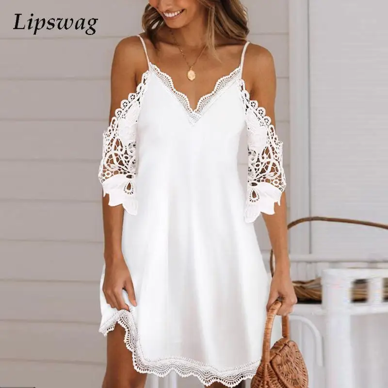 

Женское повседневное однотонное платье с вышивкой и кружевом, летнее модное мини-платье с V-образным вырезом, женские элегантные ажурные пл...