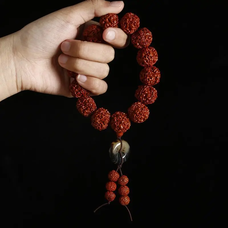 

SNQPNibul натуральный с пятью лепестками большой Rudraksha красная кожа машинная кисть с подкладкой Будда бусины Вэнь для игр Мужская Ручная лента ж...