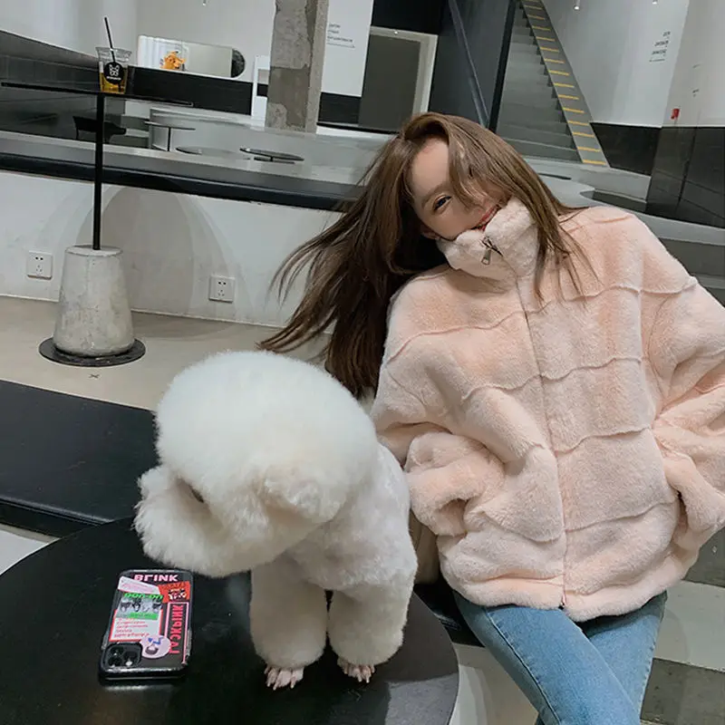 rabbit Fur coat khaki women's top faux fur coat zipper luxury autumn luxury Winter Faux Mink Fur Coat Women Thicken Korean