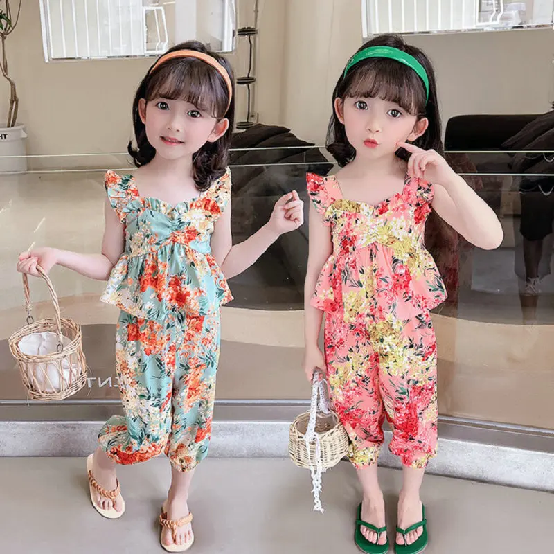 

2023 Summer Girls Sweet Two Pieces Suit Baby Kids Children Clothing Set Including Top+ Pant