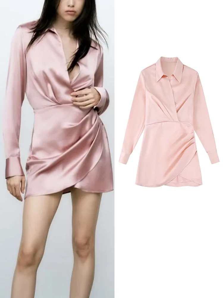 

TRAF 2022 Summer Women Pleated Dresses Fashion Vintage Solid Long Sleeve Mini Dress Turn Down Collar Beach Party Vestidos Mujer