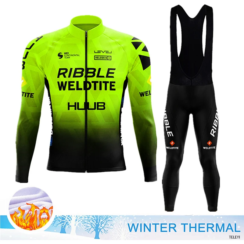 

Fluorescent Green 2023 HUUB Winter Cycling Set Men Thermal Fleece Long Sleeve Racing Jersey Suit Cycling Clothing Bib Pants Set