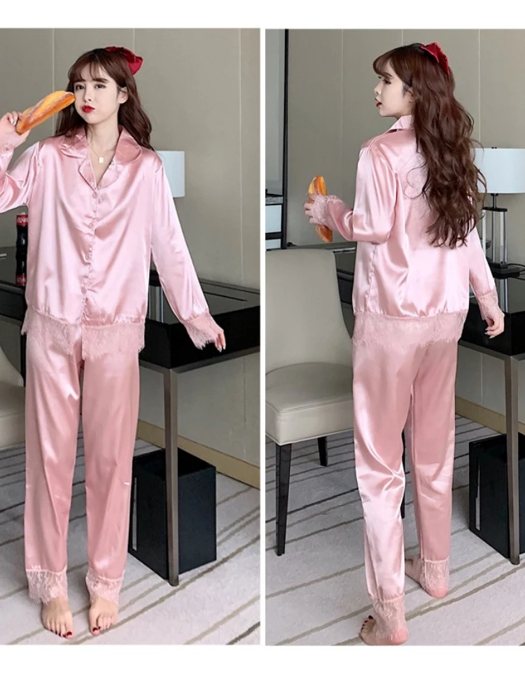 Silk Pajamas for Women Solid Lace Sleepwear Women Spring Autumn set woman 2 pieces Satin Ladies Pijamas Loungewear