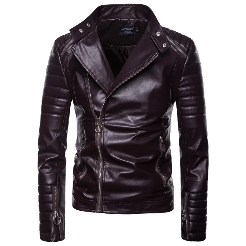 

Scroll chain men's leather jacket autumn collar repair design artificial skin jacket high quality man locomotive PU jacket