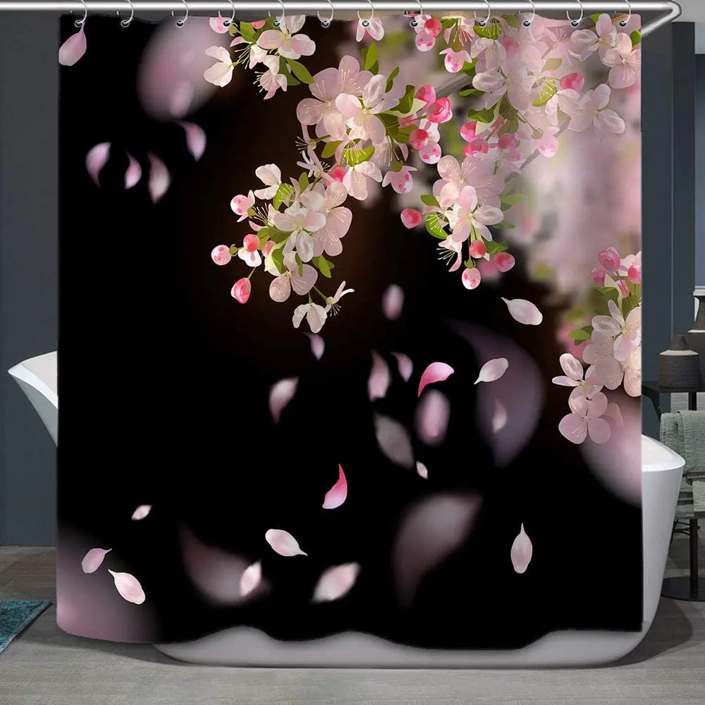

Cherry Blossoms Shower Curtains Fabric Pink Petals on Black Background Decor Polyester Cloth Print Bathroom Curtains Hooks Set