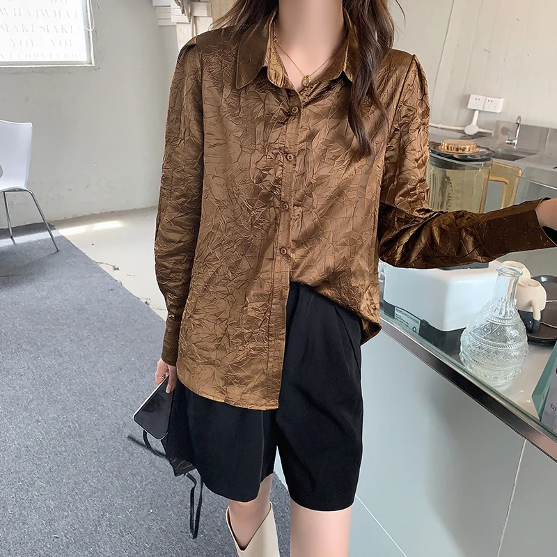 

Solid Embossed Spring Women Shirt Blouse Fashion Long Sleeve Turn Down Neck Buttons Up Female Tops 2022 Camisas Para Mujer