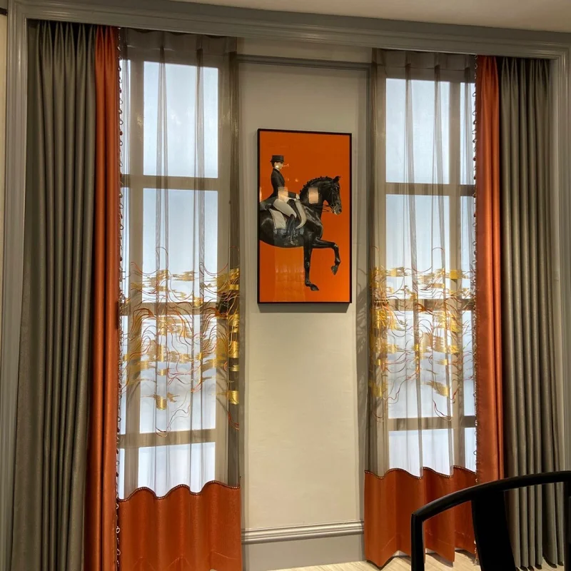

Curtains for Living Dining Room Bedroom New Solid Color Stitching Restaurant High Shading Gold Thread Landscape Embroidery