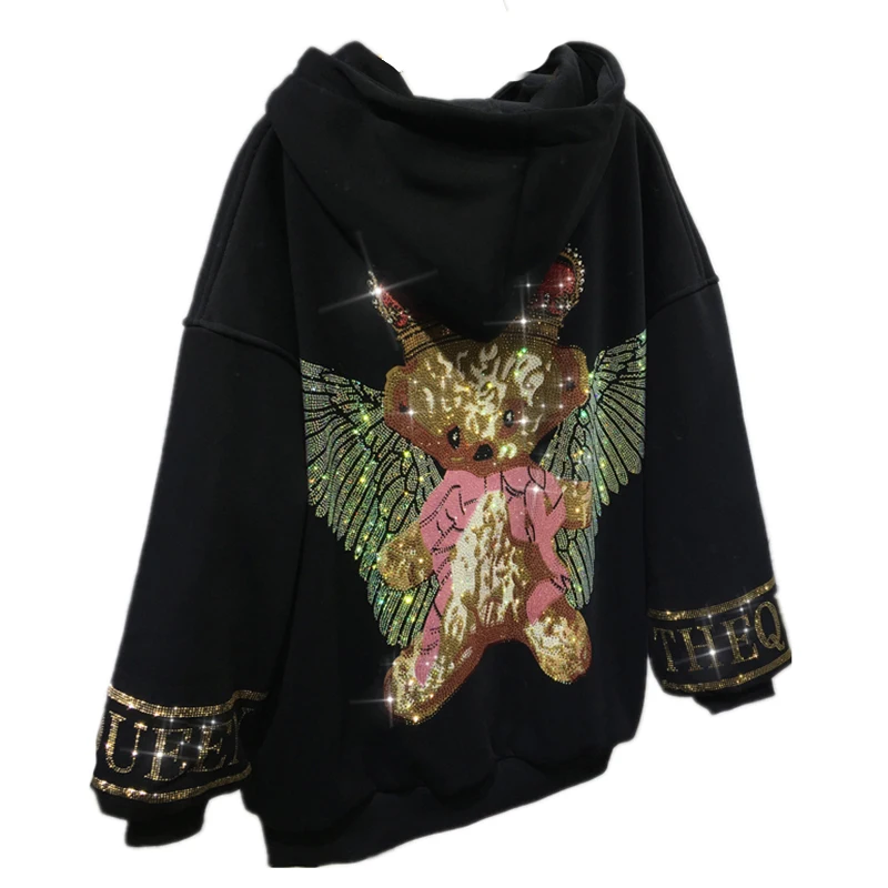 Sparkling Hot Drilling Cartoon Thicken Wadded Jackets Keep Warm Hooded Zip Cardigans Coat Streetwear Mid-length Cotton-padded
