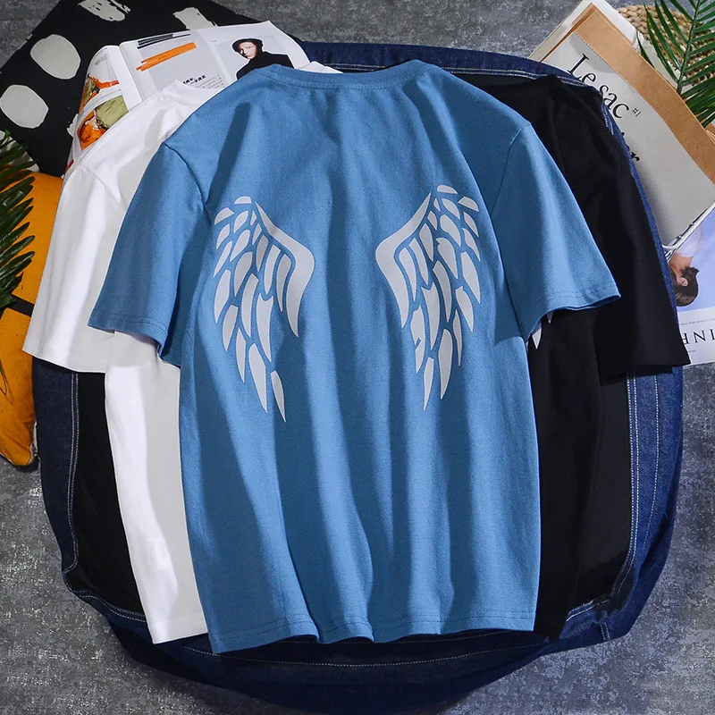 

Angel Wings Printed Short Sleeve T Shirt 2023 Summer Fashion Mens Rock Tshirts Casual Rapper Men Glow Tee Shirt men's clothing