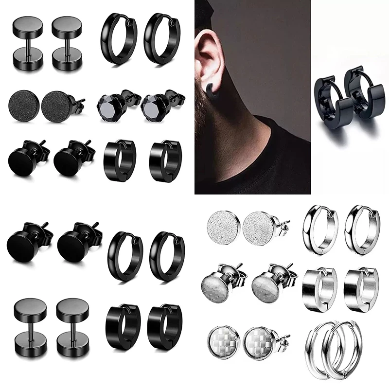 

8/12/14/16pcs Stainless Steel Black Stud Earrings Men's Punk Earring Set Jewelry Gothic Multi Stud Earring Set Unisex Gift