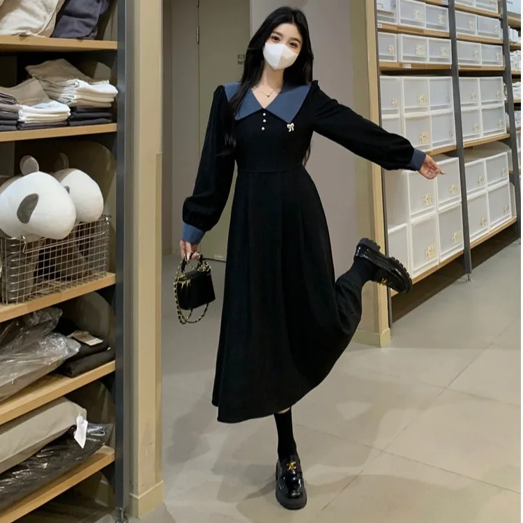 Плюс размер Ретро Контрастный цвет Вельветовое платье с длинными рукавами