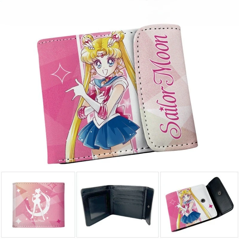 Фото Короткий кожаный кошелек с цветным принтом Sailor Moon Tsukino Usagi, с скрытой застежкой, для мужчин и женщин, держатель для карт, студенческий кошелек для монет, подарок №2