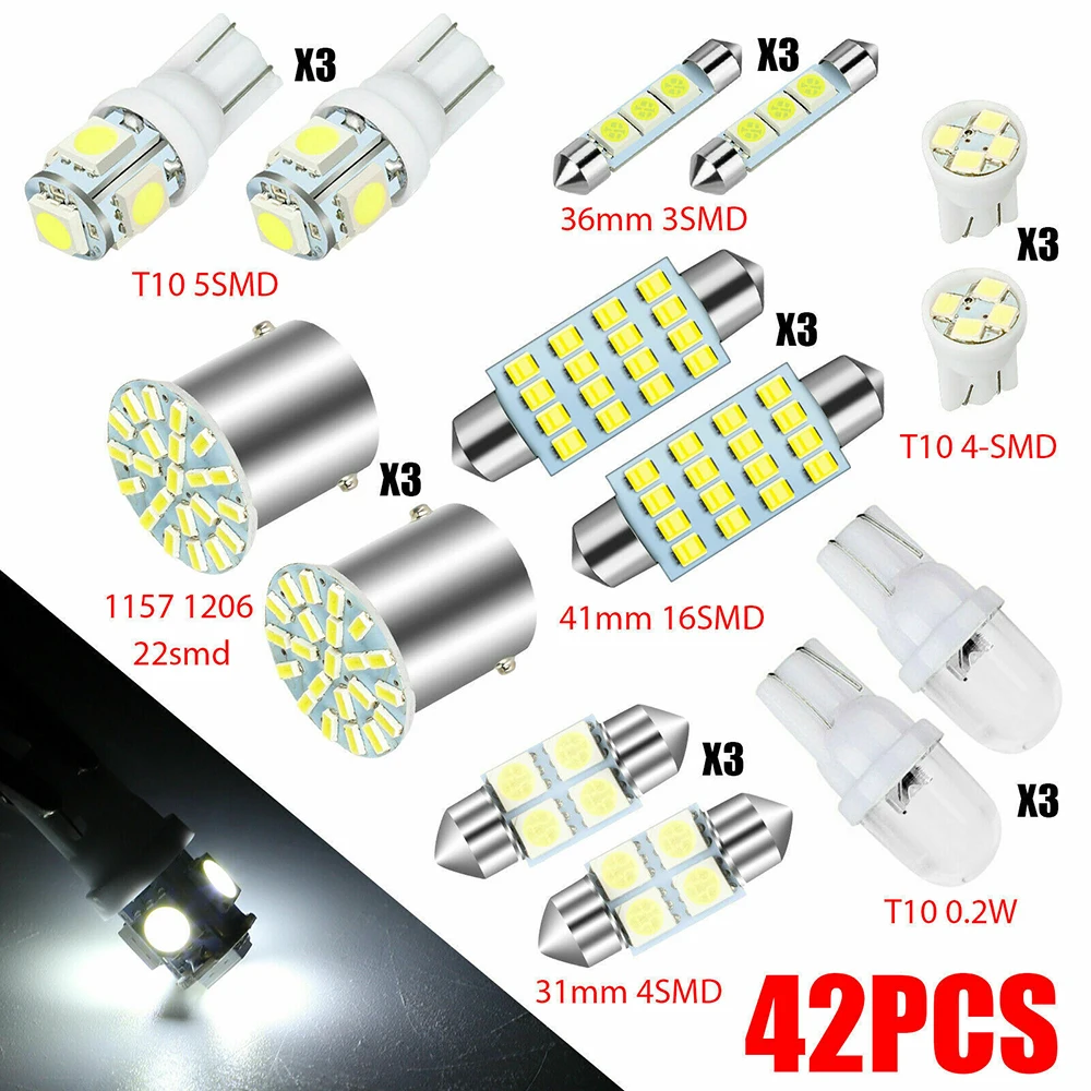 

42pcs LED 1157 T10 31/36/41mm Car Auto Interior Map Dome License Plate Replacement Light Kit White Lamp Set Car Accessories