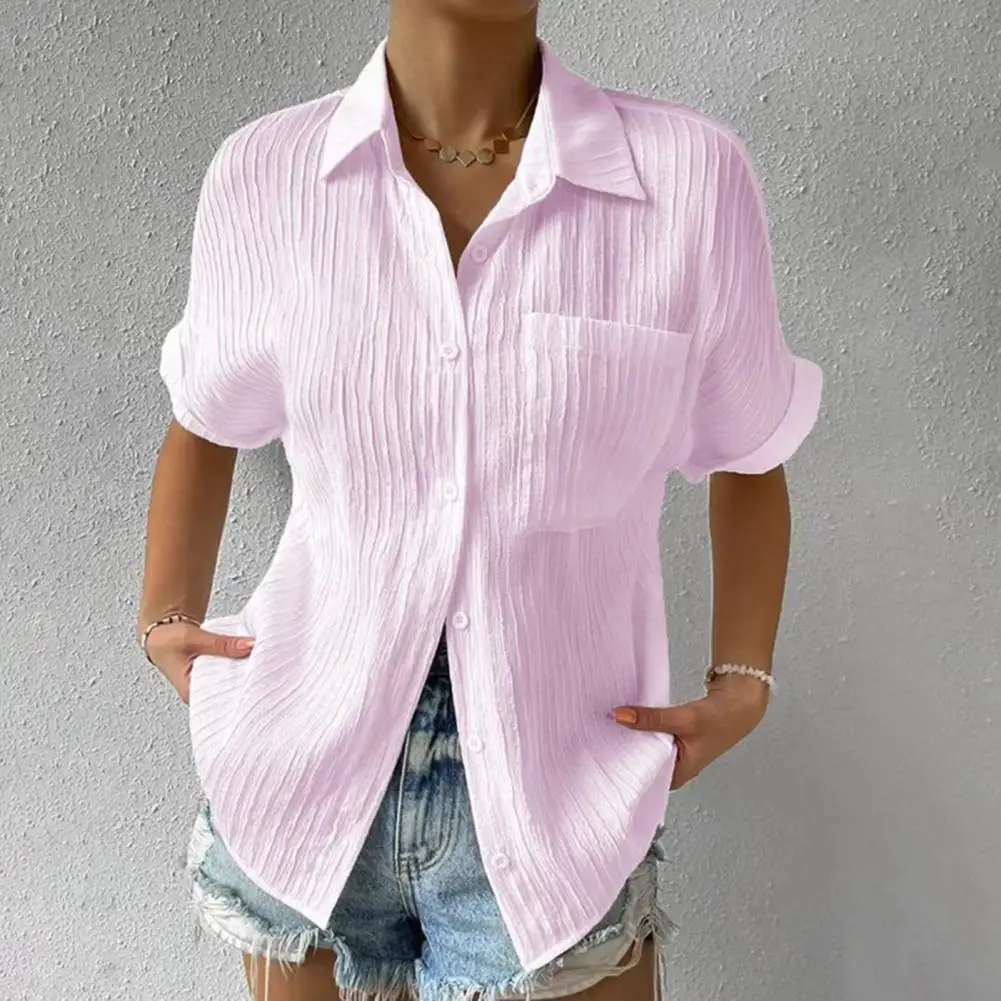 

Fashion Summer T-Shirts Button Closure Single Breasted Women T-Shirts Turndown Collar Women Summer Shirt