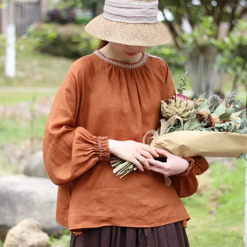 

Spring Autumn Women Loose Vintage Japan Style Embroidery Comfortable Water Washed Linen Pullover Shirts/Blouses