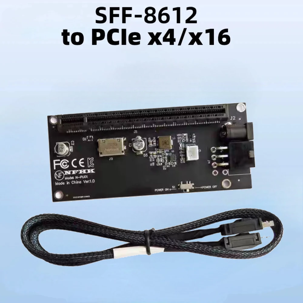 Фото Адаптерная карта OCuLink SFF-8612 на PCIe X4 X16 для графического процессора, питание DC 12V, Gen 4.0 3.0, SSF-8611 4i, 90 градусов, для материнской платы и видеокарты. №1